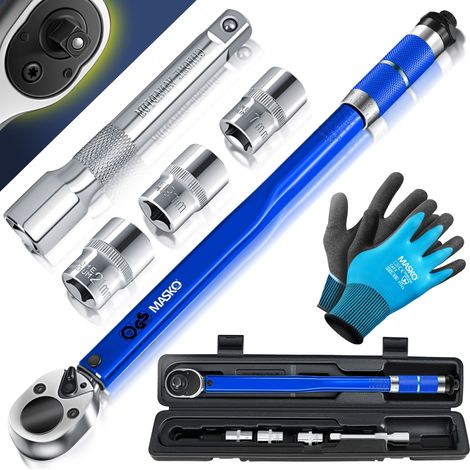 MASKO® Set 6 chiavi dinamometriche 40-210Nm 1/2' CV incl. 3 bussole 17mm 19mm 21mm e prolunga 125mm incl. valigetta +/- 4% di tolleranza pneumatici blu (1/5)