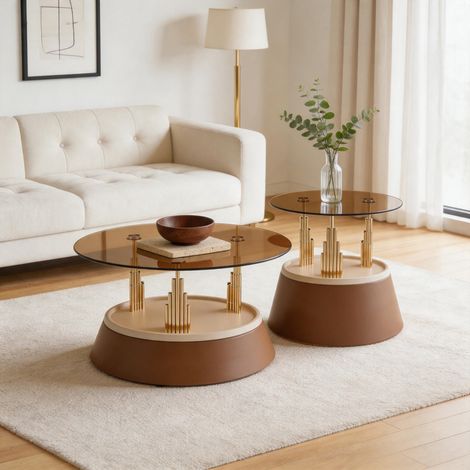 Set 2 tables basses rondes en verre trempé, design gigogne, structure métal robuste, gain de place, pour salon, séjour & bureau (1/5)