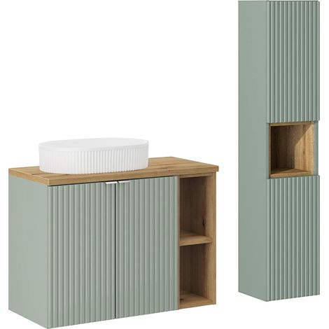 Conjunto mueble lavabo individual 80cm 2 puertas 2 compartimientos y columna Jade Verde y Madera (1/4)