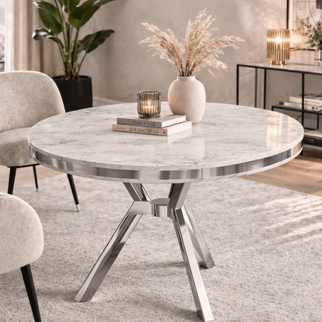 Esstisch weißer runder Marmor-Look mit Chrom – 90 cm Durchmesser