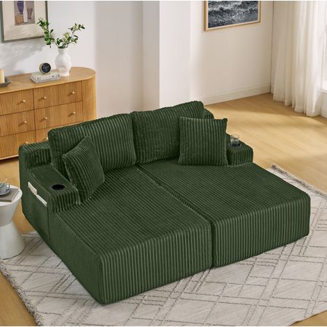 MODFU – Canapé-lit banquette 2 places tissu côtelé – Porte-gobelet, poche latérale et coussins amovibles – Sans cadre, antidérapant – Salon ou chambre d'amis – Vert (1/5)