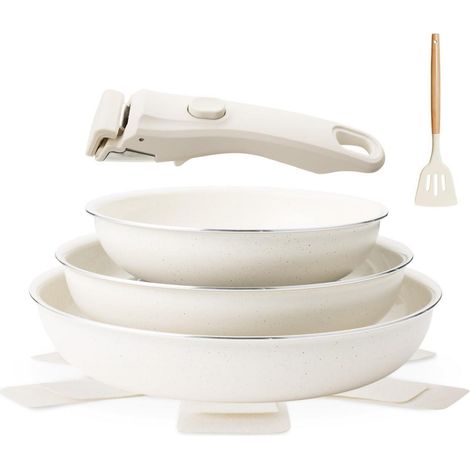 Set de poêles 7 pièces induction céramique avec manche amovible, 20/24/28 cm, beige