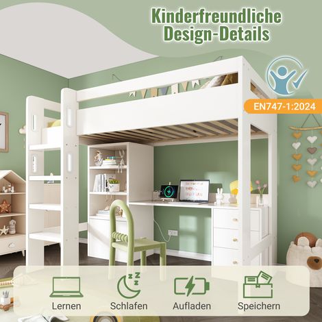 Lit superposé enfant avec port USB-C, bureau, armoire et classeur lit junior, lit simple avec escalier et sommier à lattes, espace de rangement, 90 x 200 cm, sans matelas (1/5)