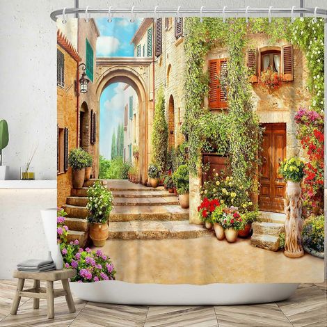 Rideau de douche 165 x 180 cm, motif jardin, rue, paysage naturel, fleurs et herbe, lavable et imperméable, pour baignoire. (1/5)