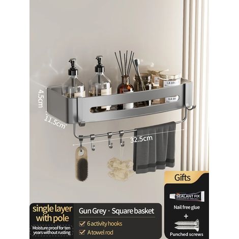 (JS45gris carréB) Étagère murale en aluminium pour salle de bain, rangement pour shampoing, organisateur de cuisine, sans perçage nécessaire. (1/5)