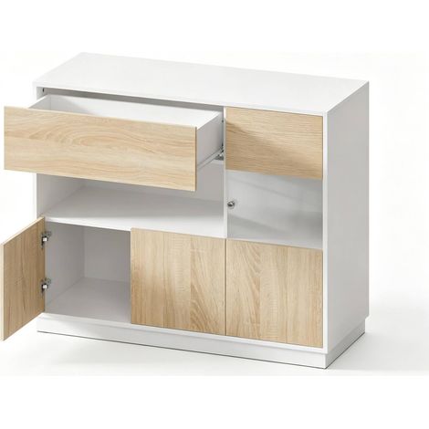 Buffet de rangement blanc et bois clair, meuble d’entrée avec étagères ouvertes, porte acrylique et grande capacité 100 x 80 x 40 cm – CHICFURN (1/5)