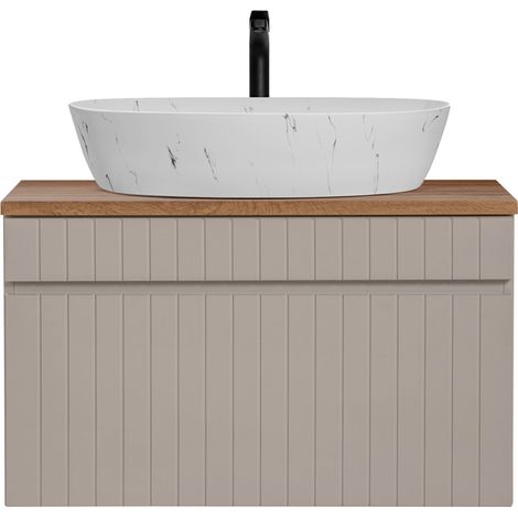 Waschtisch Unterschrank 80 cm Waschbecken matt weiß marmoriert IRAKLIO-56-CASHMERE Beige Eiche Nb. B/H/T ca. 80,4/62,3/46 cm (1/5)