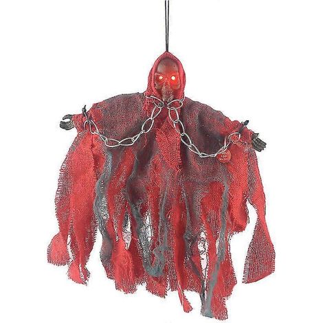Décorations d'Halloween suspendues : fantôme, crâne, squelette effrayant avec yeux lumineux LED et voix. Accessoires de fête et bricolages pour Halloween. LED rouge lumineuse. (1/4)