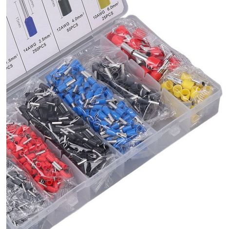 Jeu de bornes de tube en cuivre de 1200 pièces, kit de bornes de virole de fil de 8 tailles pour interrupteurs, batteries, (1/4)