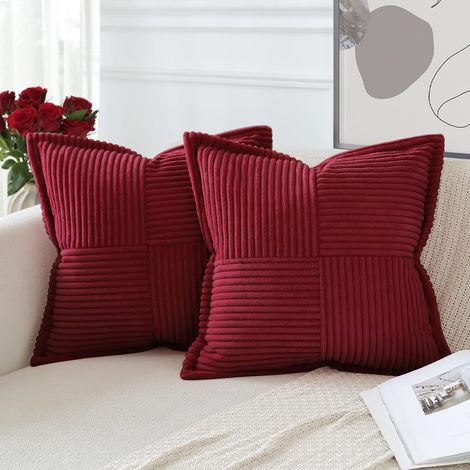 Lot de 2 Boho Housse de Coussin en Velours Côtelé Croisé Canapé Taie d'oreiller en Velours Douce pour Maison Salon Chambre Decorative Bordeaux 40 x 40 cm (1/5)