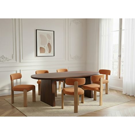 BOBOCHIC - Ensemble PABLO avec table à manger ovale 220 cm placage noyer + chaises TANYA tissu texturé   Orange (1/5)