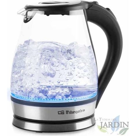 Wasserkocher aus Orbegozo-Glas.  Fassungsvermögen 1,7 L. Graduierter Glaskrug.  Blaue LED-Innenbeleuchtung.  Leistung 2200W.
