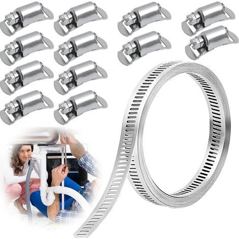 Colliers de Serrage en Acier DIY Inoxydable 304 Réglables, Bande Perforée de 3.5m avec 12 Fixations, Résistant à la Corrosion pour Tuyaux, Automobile, Marine, Jardin et Applications Industrielles (1/5)
