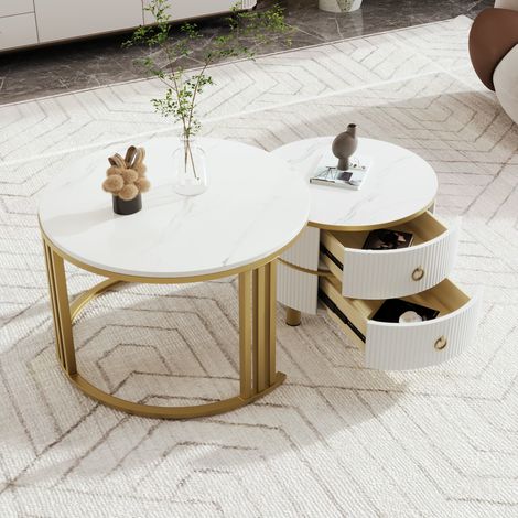 Mesas de Centro Nido Redondas con 2 Cajones, Tablero Brillante Efecto Mármol, para Salón, MDF, Blanco (1/5)