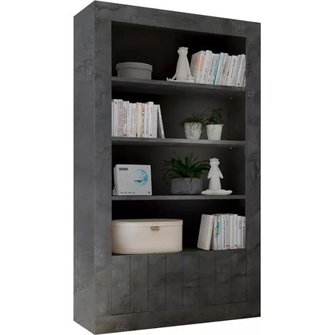 Bibliothek im ultramodernen Stil mit zahlreichen Regalen in dunkelgrauer Betonoptik aus der Kollektion URBAN. (1/2)