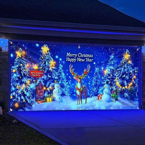 Bandeau De Porte De Garage De Noël - Design Rénne Et Bonhomme De Neige - Phosphorescent - 13 Pi X 6 Pi - Pour Intérieur Et Extérieur - 1 Pièce