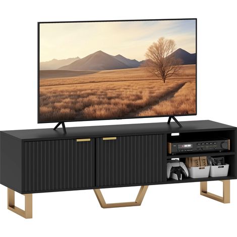Meuble TV banc TV pour téléviseur jusqu'à 70 pouces - placard à 2 portes cannelées, compartiment ouvert et passe-câbles