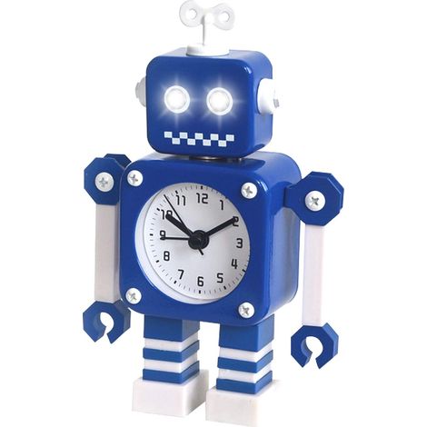 Réveil Robot, réveil Silencieux en Métal Inoxydable avec Yeux Lumineux Clignotants et Bras Rotatif, Cadeau pour Enfants (Bleu Blanc) (1/5)