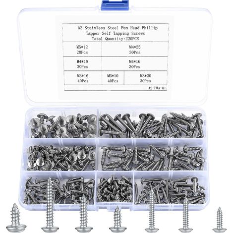 220 Pièces Vis Autotaraudeuses, Vis à Bois à Tête Plate Croisée avec Rondelles, Vis Autoperceuses Acier Inox pour Réparations, Bois - M3/M4/M5 (1/5)