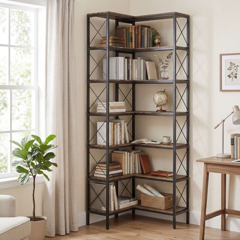 Étagère d'angle à 6 niveaux, système de rangement métallique pour salon, chambre, bureau, 60 x 60 x 200 cm, marron rustique (1/5)