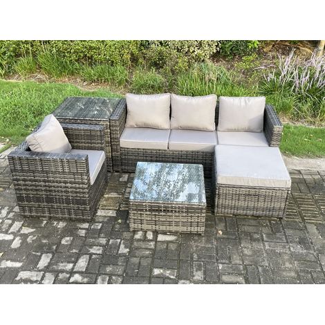 Fimous Salon de jardin en rotin 5 places avec Tables d'appoint Table basse carrée grand tabouret Mélange gris foncé (1/5)