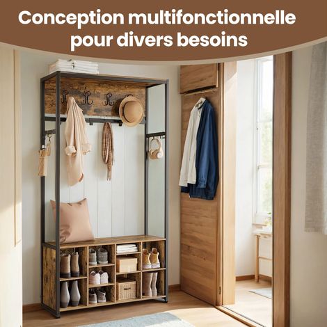 Porte-Manteau avec Banc et Rangement à Chaussures, Meuble d'Entrée, Marron et Noir (1/5)