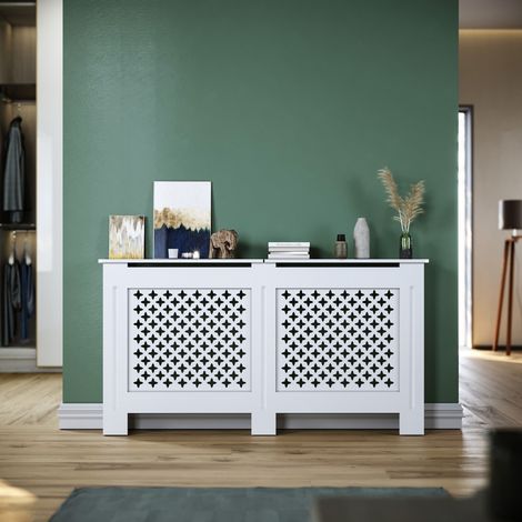 SONNI Heizkörperverkleidung Heizungsabdeckung Heizkörper Abdeckung 152x19x81.5cm Groß Weiß Kreuzgitter (1/5)