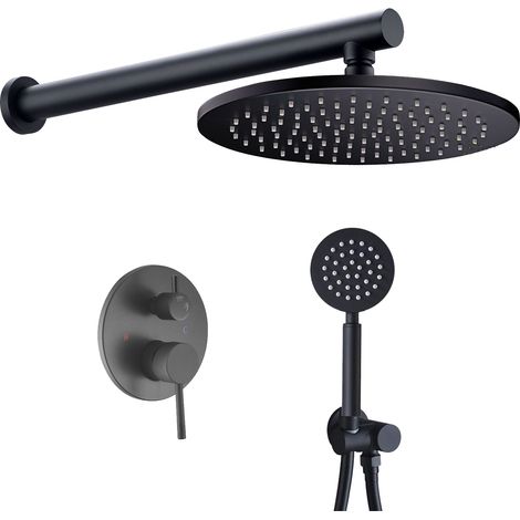 Douche Encastrable Mitigeur Noir Effet Pluie Ronde Série Douche encastrable mitigeur monocommande, pommeau effet pluie 25 cm, acier inoxydable, installation murale, noir (1/5)