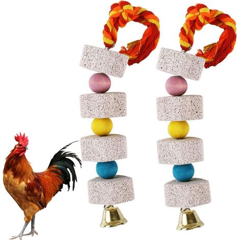 Lot de 2 grands jouets à mâcher pour poules avec cloche, pierre de calcium suspendue à limer le bec, accessoire de cage pour poules, gris d’Afrique, conures, perruches ondulées, calopsittes et hamster (1/5)