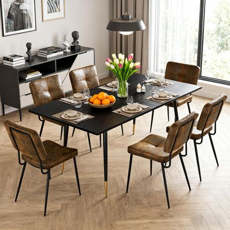 Meuble Cosy Ensemble Table à Manger Extensible avec 6 Chaises en Suédine, Style Industriel, Design Élégant et Confortable, Noir + Or + Marron (1/5)
