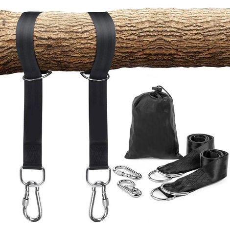 Kit de fixation pour hamac et balançoire, sangles en polyester 2 x 150 cm pour arbres, avec 2 mousquetons renforcés et anneaux en D, capacité 1000 kg, sac de rangement inclus (1/5)