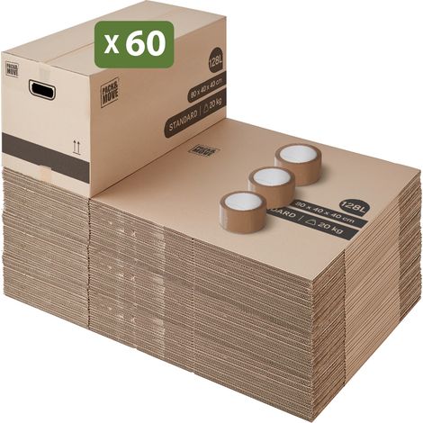 Lot 60 cartons déménagement XL - 80 x 40 x 40 cm - Poignées renforcées - 3 adhésifs offerts