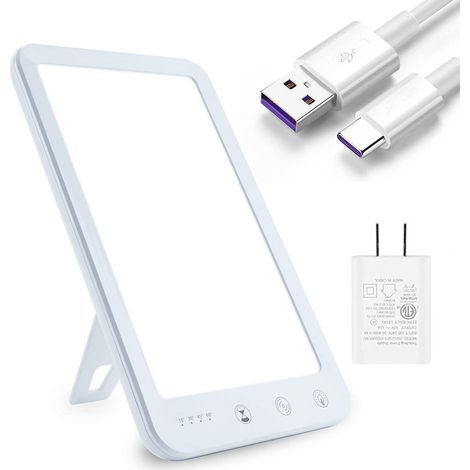 Lampe de luminothérapie ultra-mince sans UV, 10 000 lux, commande tactile avec 2 températures de couleur, 5 niveaux de luminosité réglables, 4 fonctions de minuterie, fonction mémoire (blanche)