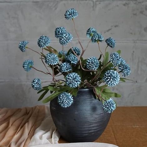 Lot de 12 tiges de fleurs Kiku artificielles en soie synthétique avec tiges - Pour mariage - Bleu poudré - Pour arrangements floraux (1/5)