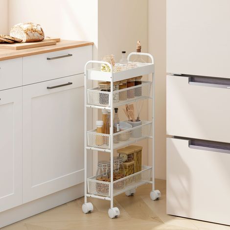 Chariot de cuisine en métal, 3 paniers, design étroit, 4 roues, pour cuisine, salon, salle de bain, blanc (1/5)