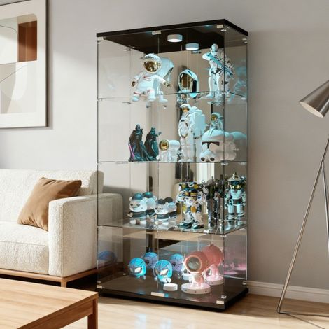 Vitrine en Verre 4 niveaux avec éclairage LED, Armoire Vitrine pour Collection avec double portes à serrure, Moderne Meuble Vitrines, dos miroir et base bois noir, 80 x 36 x 163 cm (1/5)