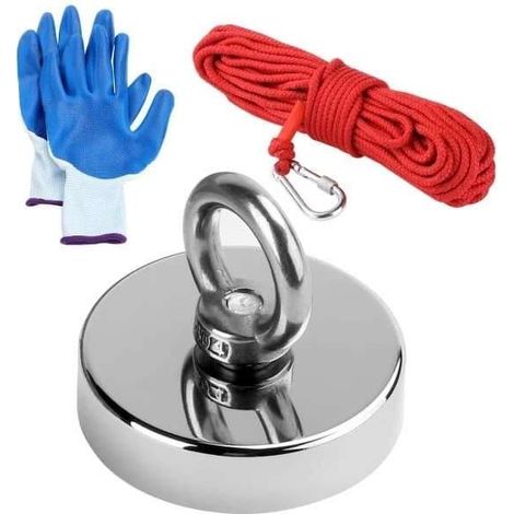Ecleanfy - Aimant néodyme, aimant de pêche 150 kg, corde de 10 mètres et gants de protection argentés (1/5)