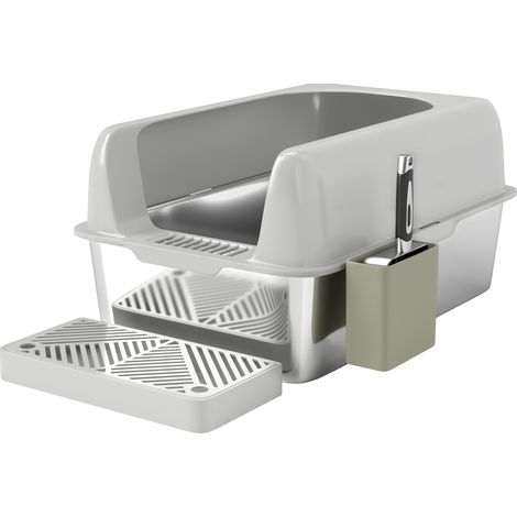 Lettiera per gatti 60 x 41 x 29 cm bordi alti antizampate design moderno ed essenziale in acciaio inox grigio chiaro 210007795