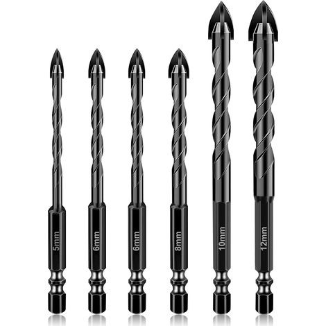 Mèche à Carrelage, 6Pcs Forets Professionnels en Croix Carbure de Tungstène, Foret Carrelage, Meche carrelage Hexagonal, pour Verre, Métal, Briquep, Plastique, Bois(5, 6, 6, 8, 10,12 mm) (1/5)
