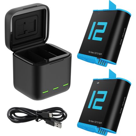 Chargeur de batterie TELESIN pour caméras et caméscopes GoPro Hero 9, 10, 11 et 12 : chargeur à 3 compartiments + kit de 2 batteries