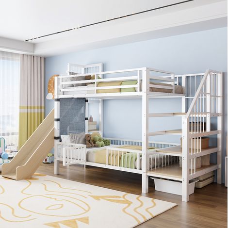 letto salvaspazio 90x200 con scivolo e scale bianco HAVRYA (1/5)