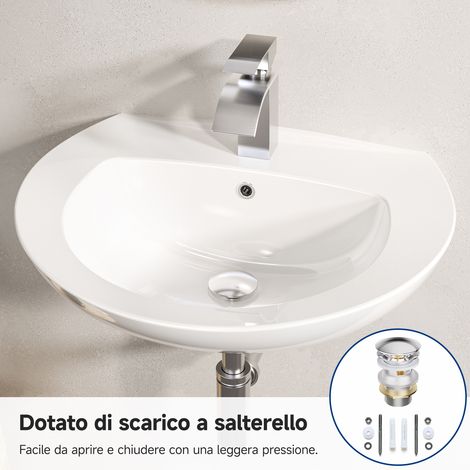 CECIPA MAX Lavabo in ceramica 57 x 45 cm – Lavabo sospeso semicircolare bianco con troppopieno – Include piletta click-clack – Finitura lucida, per bagno e bagno degli ospiti (1/5)