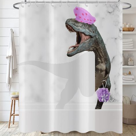 De Douche Drôle de Dinosaure 180x180, Gris et Blanc Marbre Rideau de Douche Mignon Dino Baigneur Raptor Enfants Créatif Moderne Rideau de Bain Imperméable Tissu Lavable Rideau de Bain (1/5)