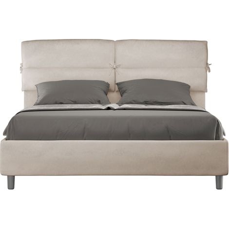 Letto Matrimoniale 160x210 cm con Rete e Contenitore con Testata e Alzata Comoda Imbottito in Microfibra Nandy Sabbia (1/5)