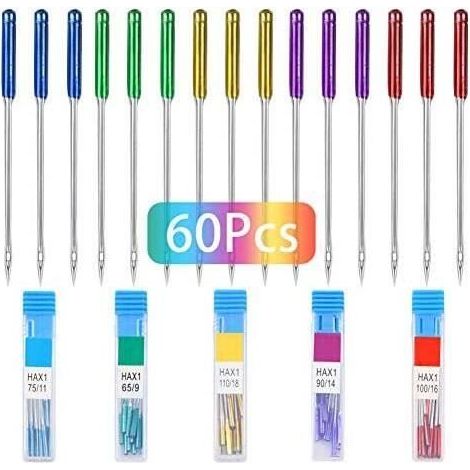 aiguilles de machine à coudre point,60pcs pour machine à coudre Brother,Janome,Varmax,tailles HAX1 65/9,75/11,90/14,100/16,110/18 (1/4)