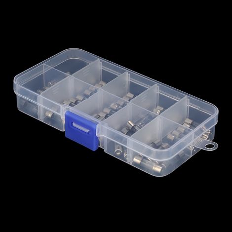 50 Stück schnellwirkende Glassicherungen, 10 verschiedene Werte, Aufbewahrungsbox, 20 mm, für Elektronik und Schaltungen (1/5)