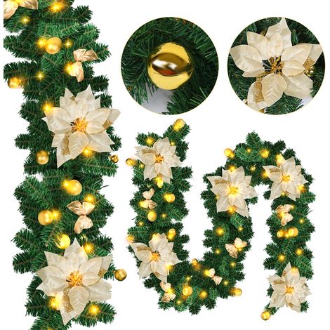 Jiubiaz Ghirlanda natalizia artificiale, 2.7 m, 50 LED bianco caldo, con palline, fiocchi di neve e nastri, a batterie - Decorazione natalizia flessibile p... (1/5)