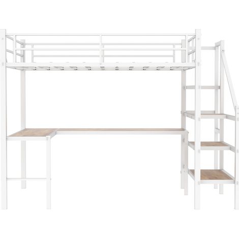 Cama alta con escritorio en esquina L 90 x 190 cm de hierro blanco (1/5)