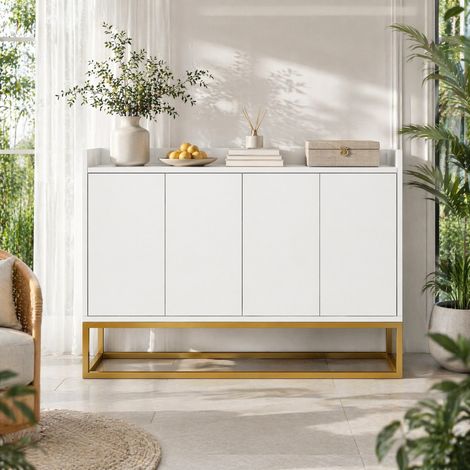 Credenza a 4 ante senza maniglie 120 x 30 x 80 cm, bianca, con ripiani regolabili DESVIAE (1/5)