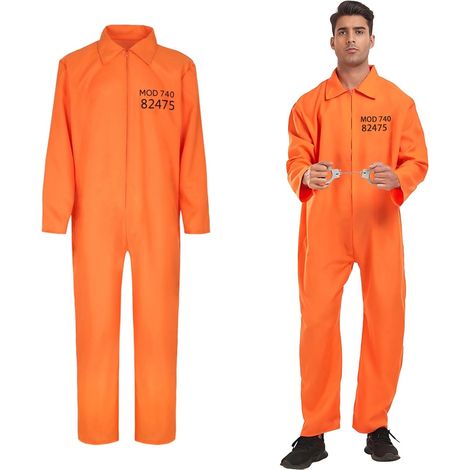 Disfraz de prisionero para hombre, mono de prisionero naranja, uniforme de prisión unisex, mono de disfraz de prisionero para hombre para Halloween, adecuado para juegos de rol de Halloween. (1/5)
